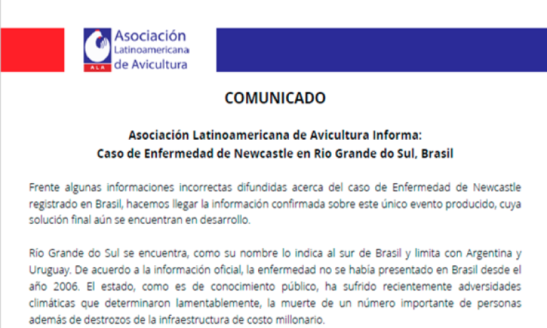 Comunicado por parte de la Asociación Latinoamericana de Avicultura (ALA) sobre Caso de Enfermedad de Newcastle en Rio Grande do Sul, Brasil